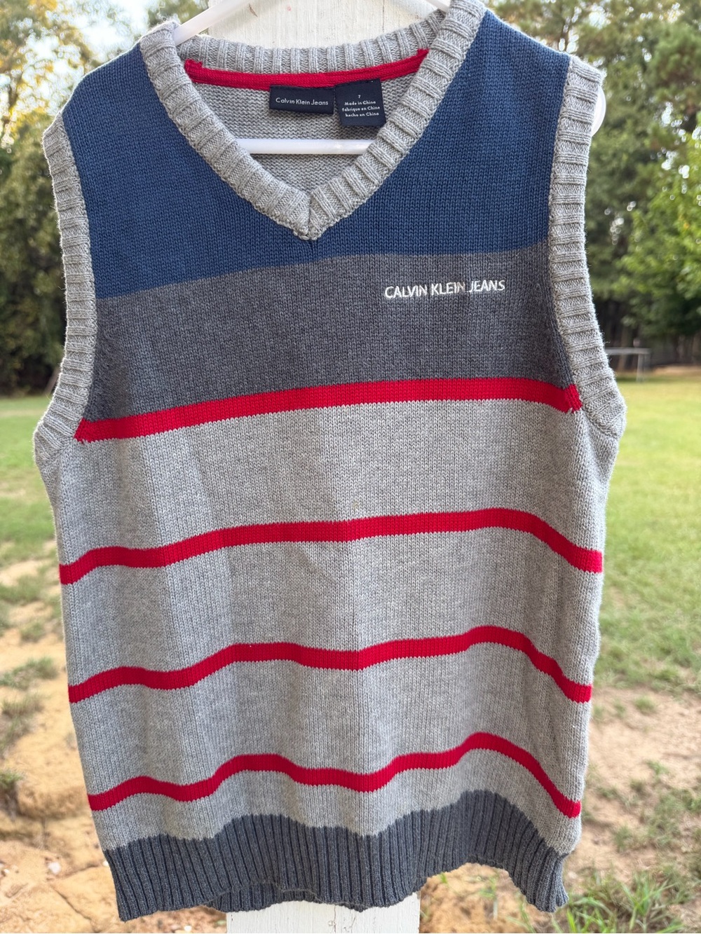 Calvin Klein Jeans Gray V-Neck Sweater Vest with Red Stripes and Navy Yoke